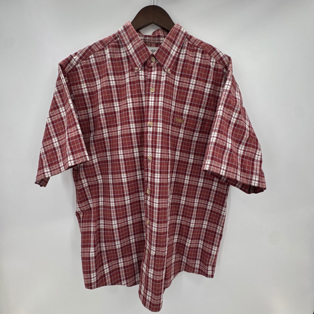 Carhartt Shirt Mens XL Red Plaid Cotton Short Sleeve‎ Pleated Logo Button Down